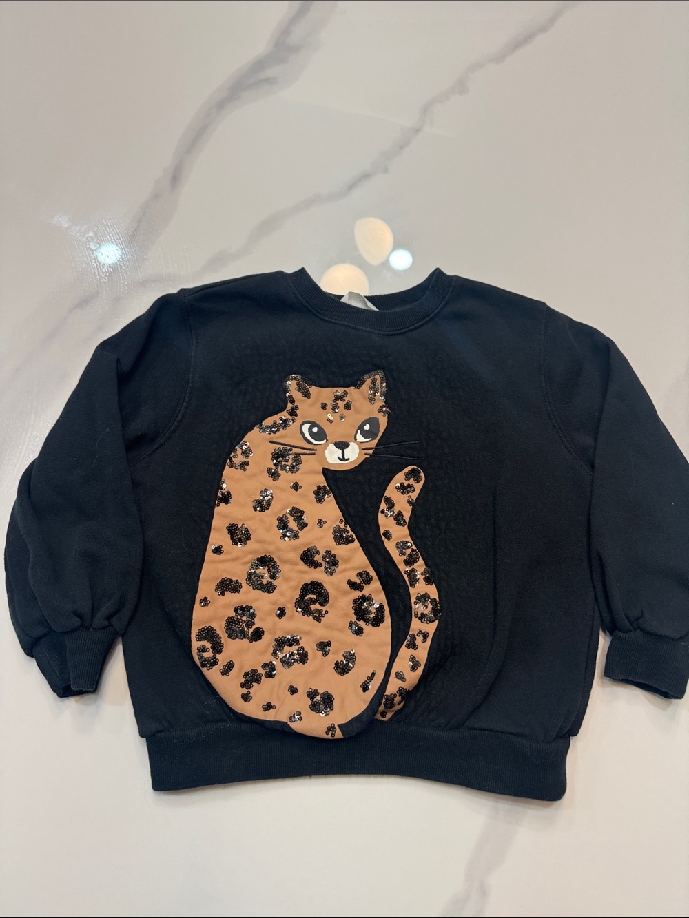 H&M Black Sweatshirt with Brown Leopard Cat Appliqué, Girls Kids Sz 4-6, like ne